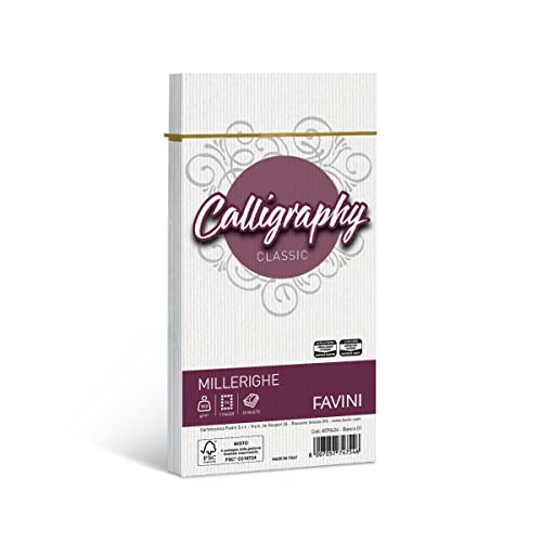 Favini A570424 Carta Calligraphy, Millerighe Rigato, 25 Pezzi, 11 X 22 Cm, Bianco