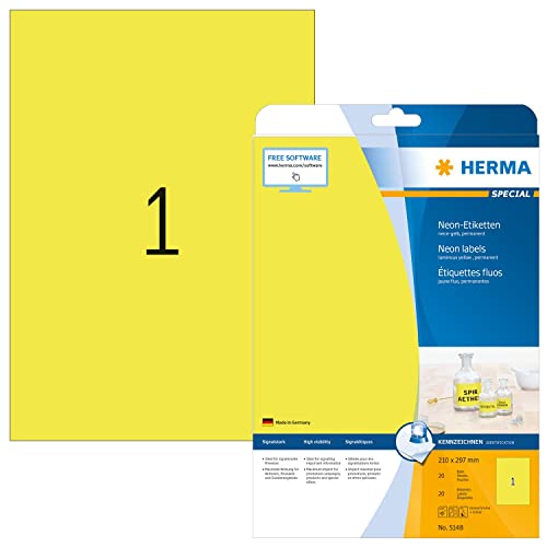 Herma Etichette Per Marcatura, 210 X 297 Mm, Etichette Adesive A4 Per Stampante, 1 Etichette Per Foglio, Giallo Neon