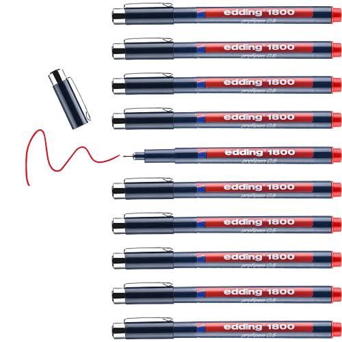 Edding 1800 0,5 - Pennarello Sottile Di Precisione, Colore Rosso, 10 Penne - Punta Fine Rivestita In Metallo 0,5 Mm - Inchiostro A Base Di Acqua - Per