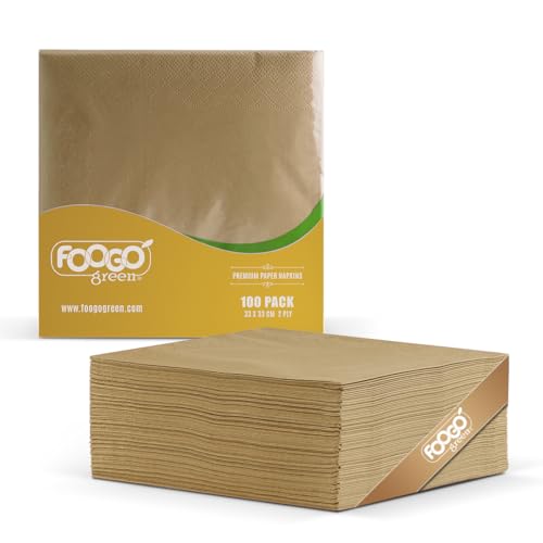 Foogo Green 100 Pezzi Tovaglioli Di Carta Marrone Non Sbiancati, 33 X 33 Cm, Tovaglioli Di Carta Forte A 2 Strati, Fazzoletti Di Carta Morbida, Tovagl