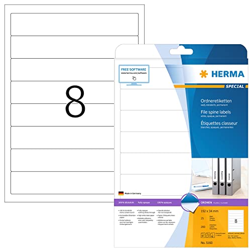 Herma Etichette Per Raccoglitori, 192 X 34 Mm, Etichette Adesive A4 Per Stampante, 8 Etichette Per Foglio, Bianco