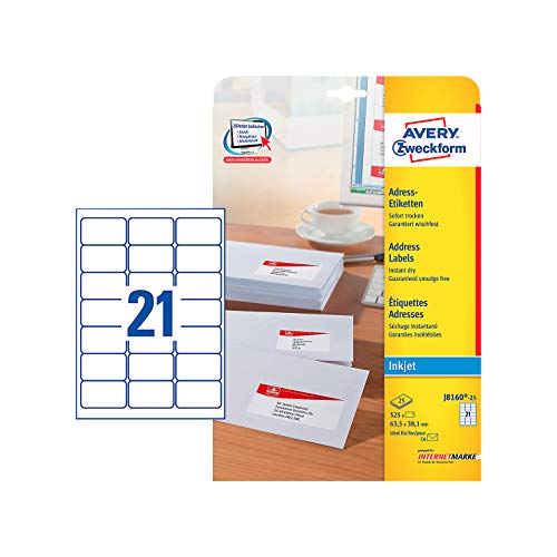Avery Etichette Autoadesive Per Indirizzi Postali, Stampanti A Getto D'Inchiostro, 21 Etichette Per Foglio A4, 525 Etichette, Quickdry, Bianco, 25 Fog