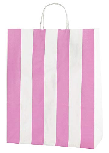 Thepaperbagstore 25 Sacchetti Di Carta Colorata, Riciclabili E Riutilizzabili, Con Manici Intrecciati, Strisce Bianche E Rosa - Medi 250X110X310Mm