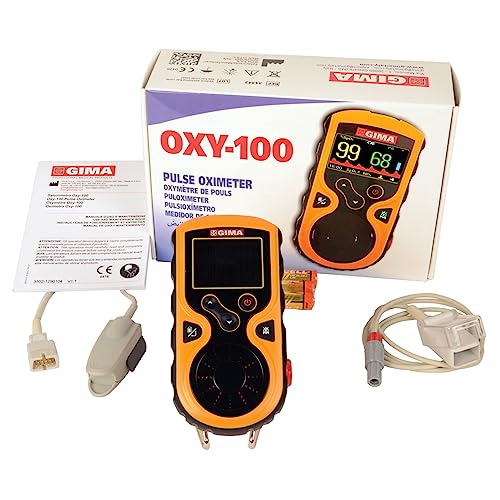 Gima Saturimetro Oxy-100 Pulsoximetro Da Dito, Portatile, Rileva Saturazione, Battito E Perfusione, 3 Pile Aaa Incluse, Allarmi Visivi E Acustici, Dis