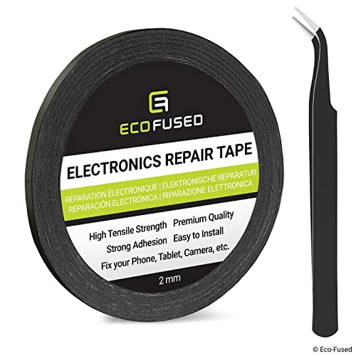 Eco-Fused Nastro Adesivo Da Usare Per Riparazioni Cellulari - Nastro Da 2 Mm - Include Anche 1 Paio Di Pinzette/Panno Di Pulizia In Microfibra (Nero)