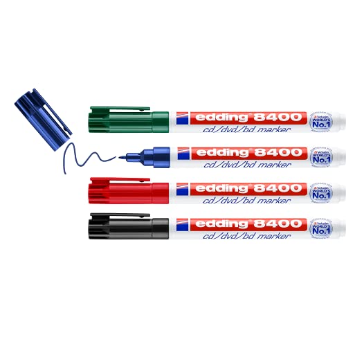 Edding 8400 Marcatore Permanente Per Cd, Dvd E Blue-Ray Disk Punta Tonda; Blister 4 Pz.; Colori Nero, Rosso, Blu, Verde; Tratto 0,5-1 Mm