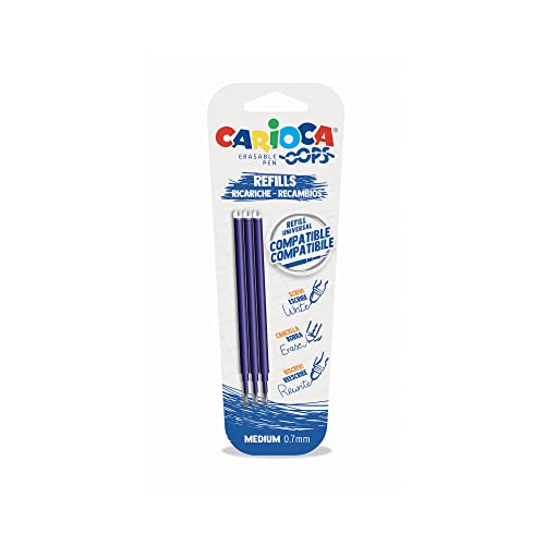 Carioca Oops Ricariche Penna Cancellabile Blu, Refill Compatibile, Inchiostro Termosensibile, 3 Pezzi, Colore Blu