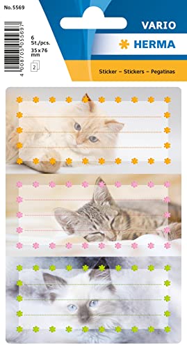 Herma 5569 - Etichette Per Libri, Motivo: Gatti, 6 Etichette Per La Scuola, Formato 7,6 X 3,5 Cm, Con Brillantini
