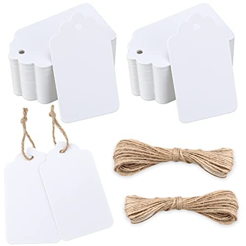 Jijacraft Etichette In Carta Kraft Tag Regalo Cartoncino 7X4Cm, 100 Pezzi E Spago Di Iuta, Per Bomboniere Natale Compleanno Artigianato (Bianco)