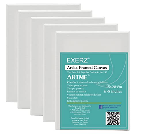 Exerz Tele Per Pittura 15X20Cm Set Da 5 /Tele D’Artista Intelaiate/280Gsm/Prestirate 100% Cotone/Vuote/Imprimitura Tripla/Tre Strati Di Gesso/Prive Di