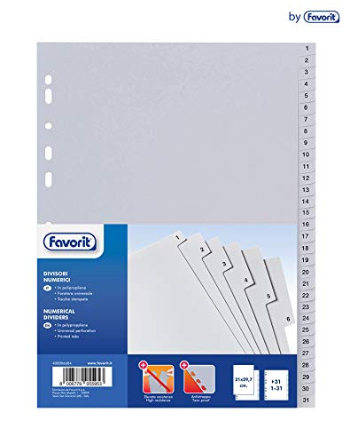 Favorit 400006684 Divisori A Foratura Universale Per Raccoglitori Ad Anelli Con 31 Tacche Numeriche (Da 1 A 31), Formato Interno A4, In Polipropilene