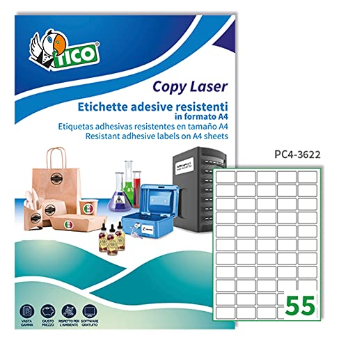 Tico Italia Pc4-3622 Etichette Adesive Trasparenti In Poliestere Resistente, 100 Fogli A4, Rettangolari 36X22Mm, 55 Etichette Per Foglio, Adesivo Perm