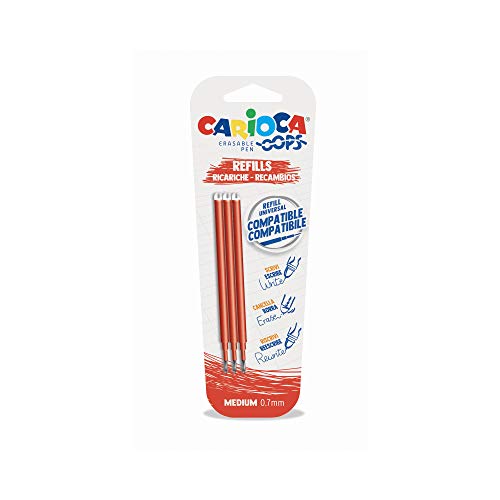 Carioca Oops Ricariche Penna Cancellabile Rossa, Refill Compatibile, Inchiostro Termosensibile, 3 Pezzi, Colore Rosso