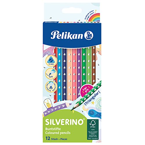 Pelikan Silverino, Matite Colorate Con Fusto Triangolare E Impugnatura Ergonomica Per Bambini, Pastelli Dai Colori Intensi E Lavabili, Astuccio Da 12