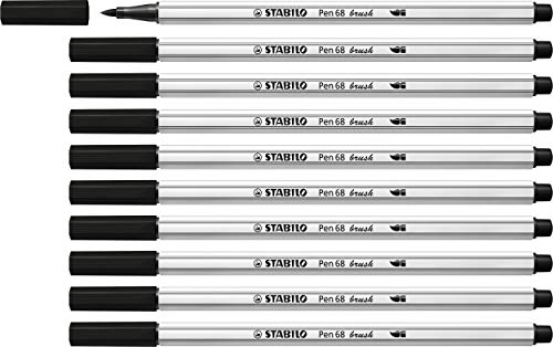 Pennarello Premium Con Punta A Pennello - Stabilo Pen 68 Brush - Confezione Da 10 - Nero