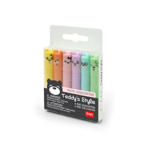 Legami - Teddy'S Style, Set Di 6 Mini Evidenziatori, 1X7,5 Cm, Giallo, Pesca, Rosa, Lilla, Azzurro Chiaro, Verde Chiaro, Per Sottolineare Ed Evidenzia