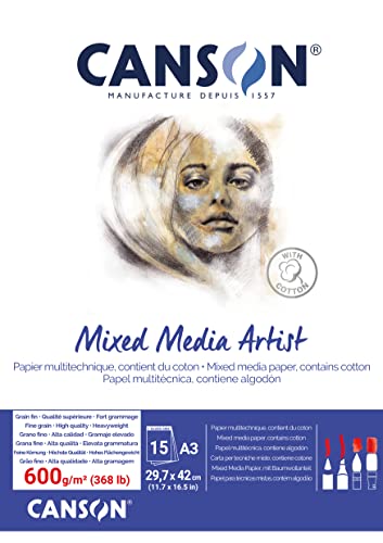 Canson Mix Media Artist Blocco Incollato A3 15 Fogli Grana Fine 600 G, Bianco