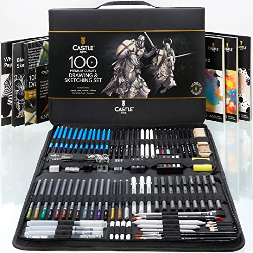 Castle Art Supplies 100 Pezzi Disegno E Bozzetto | Matite E Bastoncini Grafite, Carboncino, Pastello, Metalliche E Idrosolubili, Pennarelli Punta Fine
