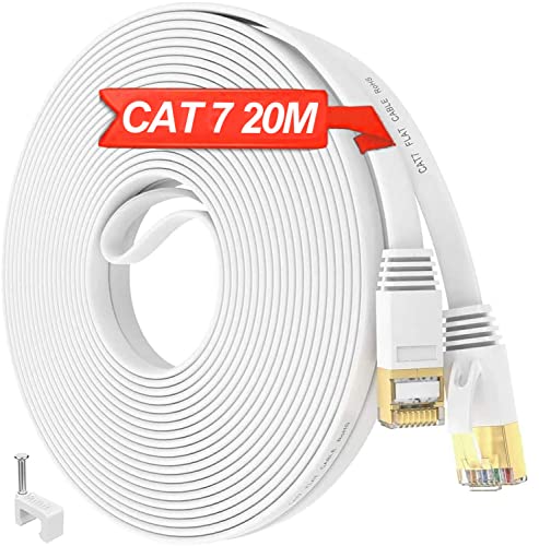 Cavo Ethernet 20 Metri, Cat 7 Cavo Di Rete Bianco Schermato, Cavo Internet Alta Velocità 10Gbps 600Mhz Piatto Cavo Rj45 Esterno Impermeabile S/Ftp, Gi