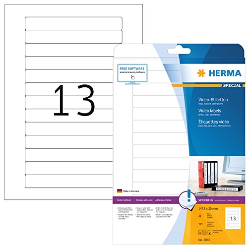 Herma Etichette Per Supporti Dati Video, 147,3 X 20 Mm, Etichette Adesive A4 Per Stampante, 13 Etichette Per Foglio, Bianco
