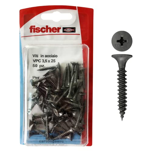 Fischer 50 Viti Per Cartongesso 3,5X25 Mm, Fosfatate Autoperforanti, Per Fissaggio Lastre Su Profili Metallici, Filettatura A Passo Fine, Impronta Phi