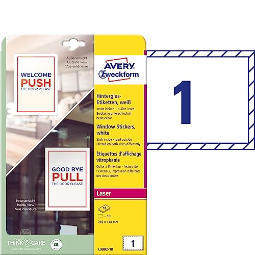 Avery Italia Adesivi Per Vetri E Superfici Trasparenti Su Foglio A4, 210X148Mm, In Carta Con Pellicola Plastificatrice, 2 Adesivi Per Foglio, 10 Fogli