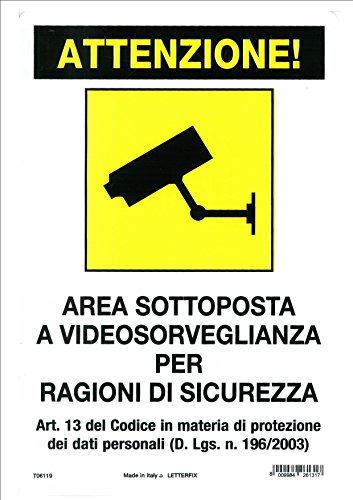 Cartello Area Sottoposta A Videosorveglianza Per Ragioni Di Sicurezza 20X30 Cm Pvc Con Norma Di Legge