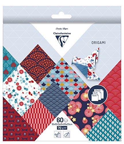 Clairefontaine 95347C - 60 Fogli Di Carta Origami Da 70G/M², 3 Misure: 10X10Cm, 15X15Cm, 20X20Cm, 10 Motivi Colorati Assortiti (2 Fogli Per Misura), H