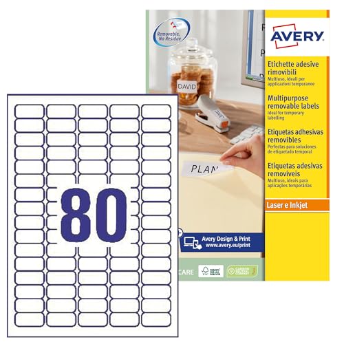 Avery Italia L4732Rev-25 Etichette Adesive Carta Bianca Adesivo Rimovibile Nessun Residuo, 25 Fogli A4, Rettangolari 35,6X16,9Mm, 80 Etichette Per Fog