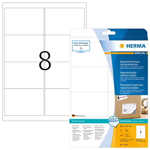 Herma Etichette Staccabili, 99,1 X 67,7 Mm, Etichette Adesive A4 Per Stampante, 8 Etichette Per Foglio, Bianco