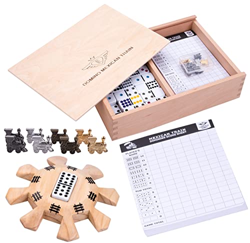 Engelhart - Domino Mexican Train D12 Deluxe In Una Scatola In Legno Di Faggio + Blocco Punteggio + Stazione In Legno +8 Treni In Metallo Gioco Di Soci