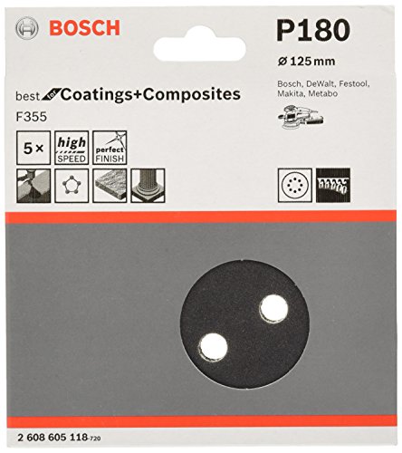 Bosch Accessories 2608605118 - Set Da 5 Fogli Abrasivi, Diametro 125 Mm, Grana 180 (5 Pezzi)