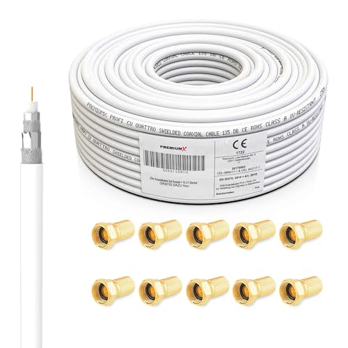 Premiumx Professionale Set Cavi Coassiali Da 25M – Satkabel Bianco | Rame Puro | Antennenkabel Schermato 4-Vie | 10 Connettori F Inclusi - Supporta 8K