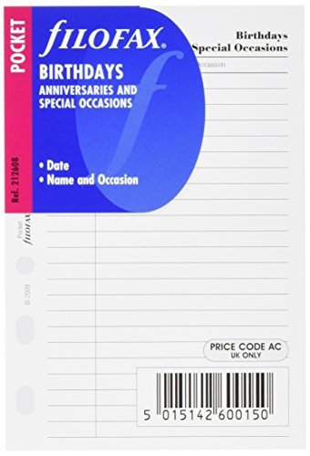 Filofax - Ricariche, Tutte Le Misure E Varianti Per Organizzatori Filofax Birthday/Occasion Reminder (212608), Compleanno/Evento Promemoria (212608)
