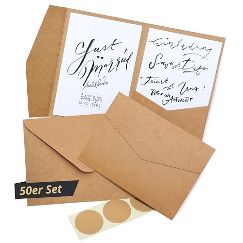 Japun - Pocketfold, Biglietti Di Carta Kraft Vuoti Tascabili Con Buste, Inviti Di Nozze, Design, Etichette ... - Din A6 / C6-300 G/M² (50)