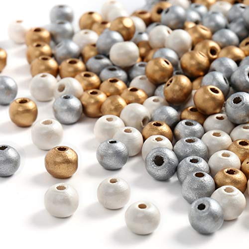 Dahi 750 Pezzi Perline Di Legno Con Foro, Colore Oro, Argento, Bianco, Perle Per Fai Da Te, Per Creare Gioielli, 3 Colori (8Mm)