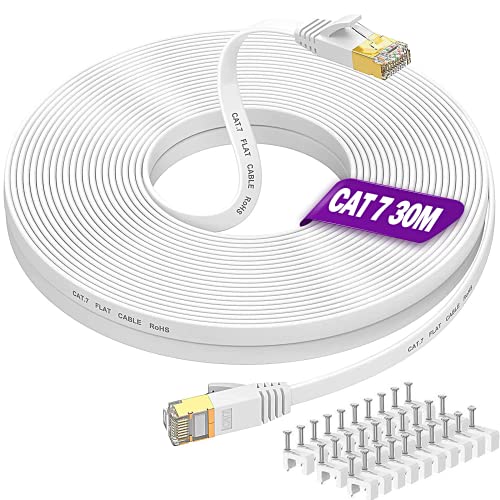 Cavo Ethernet 30 Metri, Cat 7 Cavo Lan Schermato 30Mt Piatto Rj45 Gigabit Ftp Filo Ethernet Molto Lungo Cavo Di Rete Anti-Jamming Cavo Internet Bianca