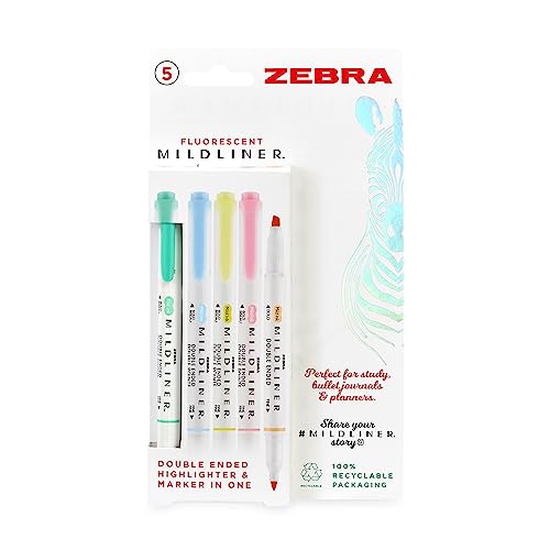 Zebra Mildliner - 5 Evidenziatori Fluorescenti (Blu, Giallo, Rosa, Arancione, Verde Blu)