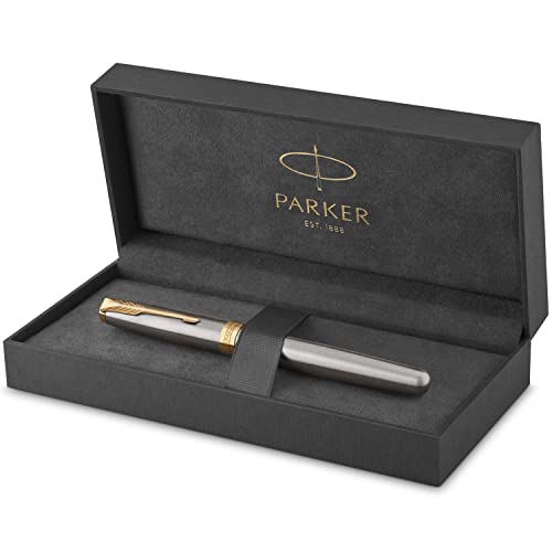 Parker Sonnet Penna Roller, Acciaio Inossidabile Con Finiture In Oro, Pennino Sottile, Confezione Regalo