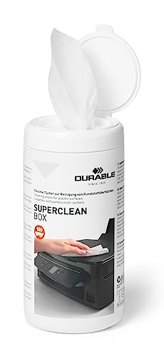 Durable 570802 - Superclean Box, 100 Salviettine Umidificate Per La Pulizia Di Superfici Sintetiche E In Plastica, Antistatiche, Biodegradabili