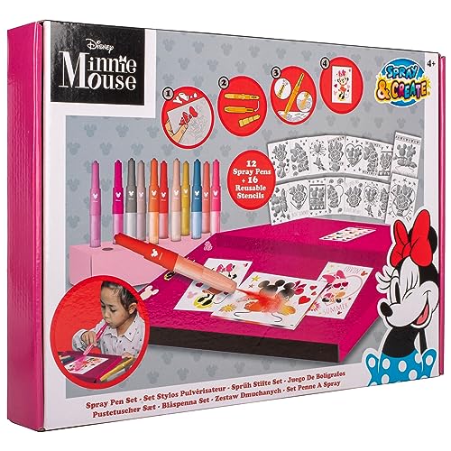 Disney - Minnie Mouse - Spray Pen Set Deluxe - Set Di Penne Spray - Penne Da Colorare Per Bambini - Set Da Disegno Con Penne A Soffio (Brush Pen) E Pa