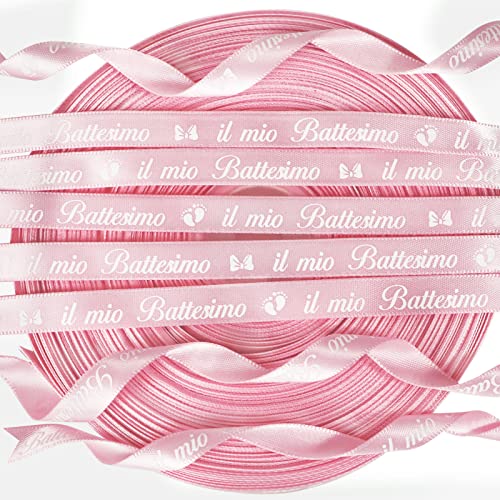 Nastro Decorazioni Bomboniera Doppio Raso Rosa 45M*10Mm Con Scritta Il Mio Battesimo Fiocchetti Per Scatole Bimba