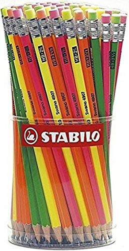 Matita In Grafite - Stabilo Swano Fluo - Con Gommino - Barattolo Da 96 - Grad Hb - Giallo/Verde/Arancione/Rosa