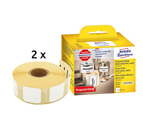 Avery Zweckform A1933083 - Etichette In Pellicola Resistenti Alle Intemperie (1.700 Adesivi Impermeabili, 25 X 25 Mm, Compatibili Con Dymo Labelwriter
