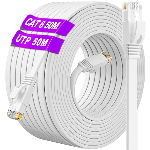 Cavo Ethernet 50 Metri, Cat 6 Cavo Lan Esterno Interno Cavo Di Rete Piatto Lungo, Alta Velocità Rj45 Cavo Internet 250Mhz, Utp Bianco Gigabit Cavo Pat
