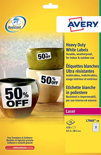 Avery Italia L7060-20 Etichette Adesive In Poliestere Bianco Resistente, 20 Fogli A4, Rettangolari 63,5X38,1Mm, 21 Etichette Per Foglio, Adesivo Perma