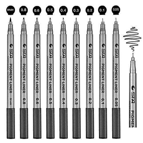 Ast 9 Penne Fineliner, Set Di Fodere Per Pigmenti Impermeabili Nero 8 Linee Di Larghezza E 1 Pennello Per Schizzi, Illustrazione Artista Artista, Dise