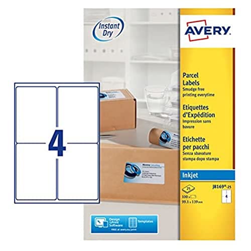 Avery Quick Dry J8169, 100 Etichette Per Indirizzi (25 Fogli Per 4), Colore: Bianco