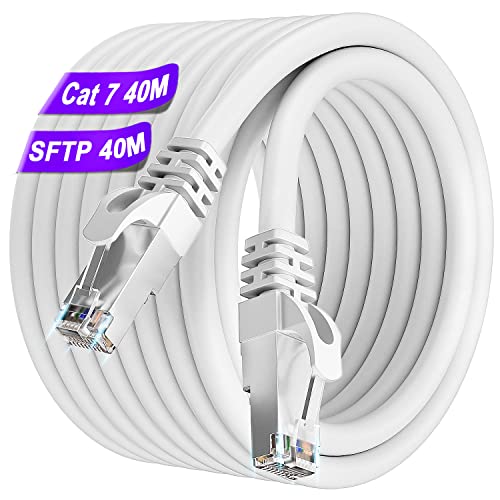 Soibke Cavo Ethernet 40 Metri, Cavo Lan Cat 7 Alta Velocità Cavo Rete 24Awg 10Gbps 600Mhz Cavo Wlan Gigabit Rj45 Cavo Internet S/Ftp Bianco Schermato