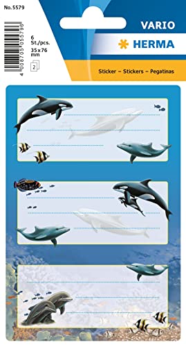 Herma 5579 Etichette Per Libri"Delfine" Autoadesive, Con Motivi Per La Scuola, Per Bambini, Ragazze E Ragazzi, 6 Etichette Per La Scuola, 76 X 35 Mm